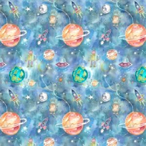Children's White Cotton Drum Lampshade with Sky Out of this World Lining 40cm dia x 25cm height