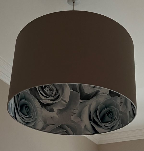 Dove Grey Silk Ceiling Lampshade with Floral Rose Decorative Liner 60cm x 35cm